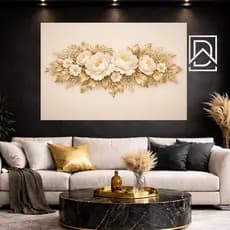 Quadro Decorativo Floral Dourado Luxo Sala Quarto MDF Sem Moldura Arte Elegante Moderna Parede Grande Decoração Casa