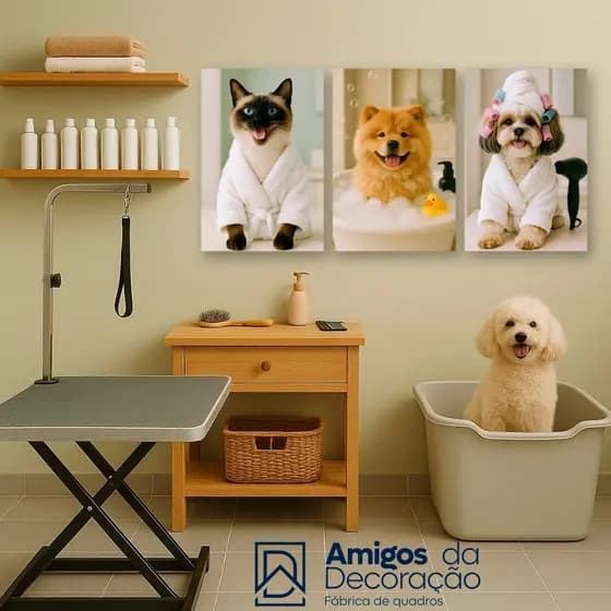 Kit 3 Quadros Decorativos Pet Cachorro e Gato Banho Tosa Petshop Veterinário Decoração Parede MDF Alta Qualidade Dog