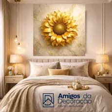 Quadro Decorativo Girassol Dourado Luxo MDF 3D Mármore Bege Elegante Parede Sala Quarto Escritório Moderno Sem Moldura