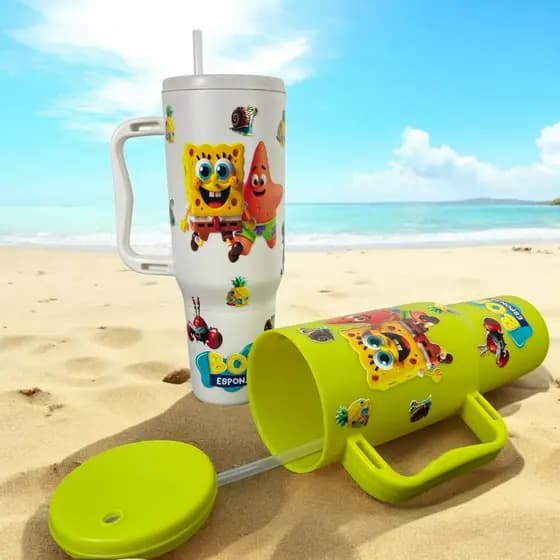 Copo com Canudo Turma do Bob Esponja Personalizado 1200ml Em Policarbonato + Brinde