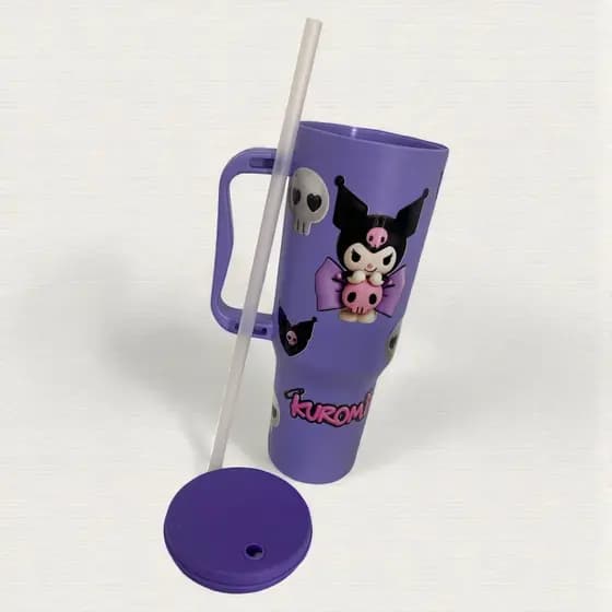 Copo com Canudo Kuromi 1200ml Em Policarbonato Personalizado + Brinde Envio Rápido !
