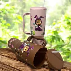 Copo com Canudo Masha e o Urso Personalizado 1200ml Em Policarbonato + Brinde