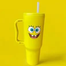 Copo com Canudo Bob Esponja 1200ml Personalizado Em Policarbonato + Brinde