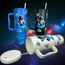 Copo com Canudo Astronauta Galaxia Personalizado 1200ml Em Policarbonato + Brinde