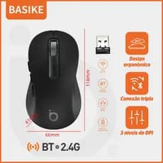 BASIKE Mouse Sem Fio Recarregável De 1600 DPI，Com Conexão 2.4GHz e Bluetooth，Para Notebooks, Desktops e Tablets