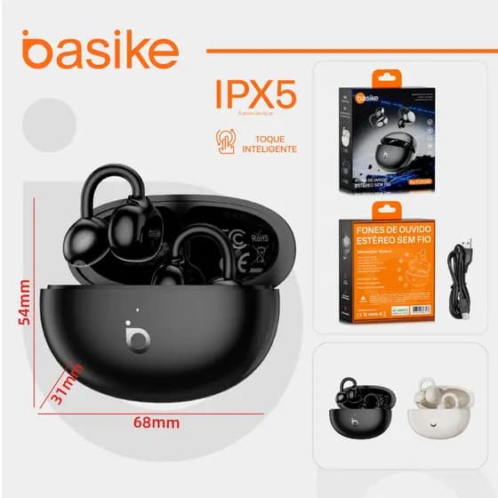 Basike Fone de Ouvido Sem Fio Basike Bluetooth 6.0, Hi-Fi, 30h de Bateria, Cancelamento de Ruído ENC