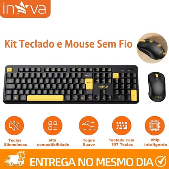 INOVA Kit Teclado Mouse Sem Fio Ergonômico | Baixa Latência Teclas Silenciosas Bateria Longa Duração
