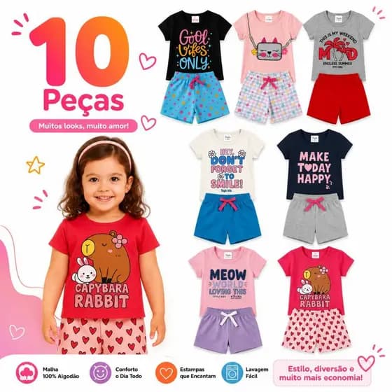 KIT 10 Peças Roupa Infantil Menina Conjunto Verão Sortidos de Verão Algodão