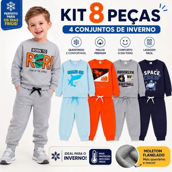 Kit 8 Peças Moletom Masculino Inverno Sortido Frio Manga Longa Calça Conjunto Infantil Creche MENINO