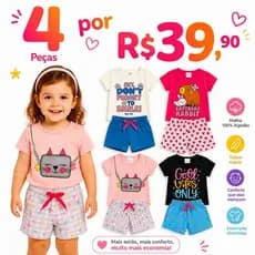 Kit 4 peças infantil Menina Roupa Verão Conjunto Sortido Estampado Camiseta e Shorts Algodão
