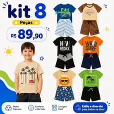 Kit 8 Peças MENINO Conjunto Verão Roupas Parque Escola Creche Aulas Sortidos