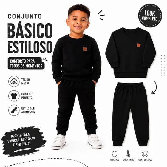 Conjunto Moletom PRETO Liso Com Aplique Moderno Inverno Básico para Frio
