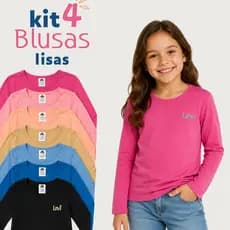 Kit 4 Camisetas Manga Longa Infantil Menina Delicadas Básicas em Algodão