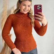 Blusa Feminina Elegante Cacharrel Gola Alta Canelada Blusa Feminina Estilosa Roupa Feminina Inverno