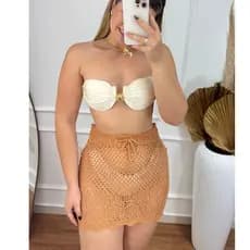 Saia Curta Saída De Praia Rendada Em Tricot Crochê Roupa Feminina Moda Verão Estilo Elegante