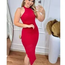 Vestido Midi Feminino Tricot Modal com Fenda Lateral Justo Sem Manga Elegante Verão Festa Luxo