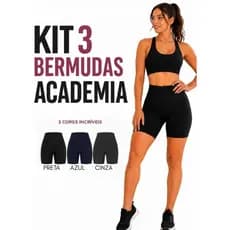 KIT 3 BERMUDA FEMININA ACADEMIA CÓS ALTO CICLISTA CORRIDA TREINO FITNESS CONFORTÁVEL PRETA AZUL CINZA
