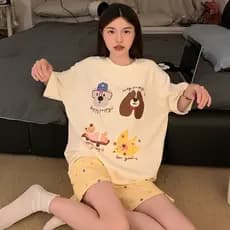 Pijamas femininos de manga curta em torno do pescoço pulôver dos desenhos animados Casual terno de duas peças dormitório