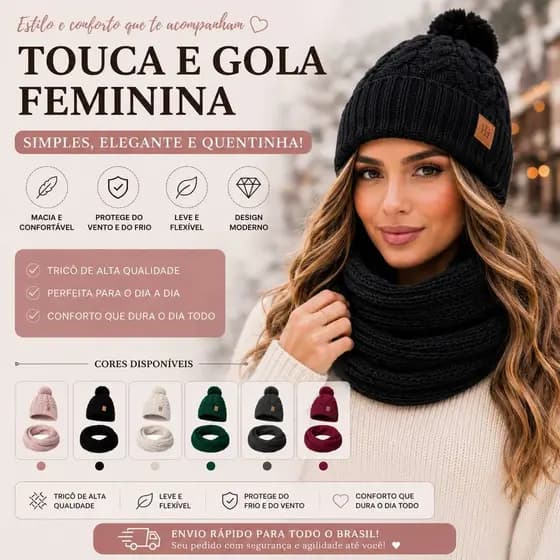 Kit Conjunto Gorro e Gola  Cachecol Lã Feminino Inverno Touca Tricot Quentinha Moda Frio