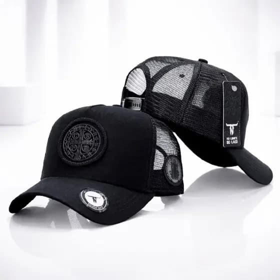 Boné São Bento Preto Trucker Americano Tela Estilo Ajustável Proteção e Fé