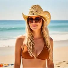 Chapéu Cowboy Palha Feminino Praia Verão Country Estiloso Proteção Solar