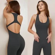 Macacão Fitness Feminino Sem Costura Modelador Cintura Alta Costas Vazadas Academia Casual