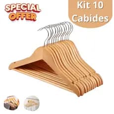 Kit 10 Cabides Madeira Premium para Roupas Marfim Atacado
