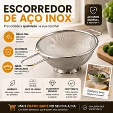 Escorredor Peneira de Aço Inox Reforçado Malha Fina Cozinha Profissional Lava Frutas Legumes Massas