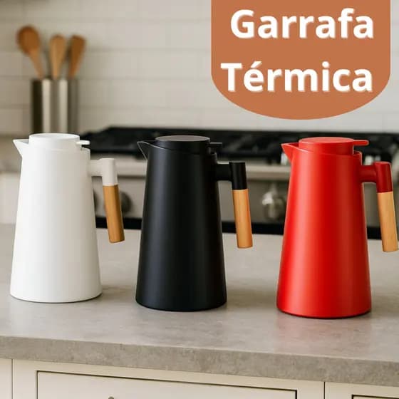 Garrafa Térmica Nórdica 1 Litro Café e Chá Bule Cabo Madeira Botão Mantém Temperatura Wood Luxo