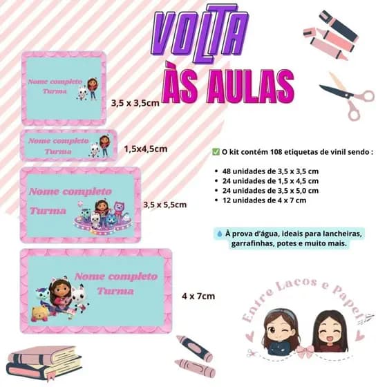 Etiquetas escolares adesivas personalizadas/ Kit com 108 etiquetas escolares / etiquetas em Vinil