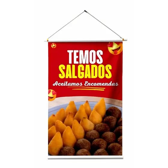 BANNER EM LONA ARTE PRONTA - TEMOS SALGADOS ACEITAMOS ENCOMENDAS