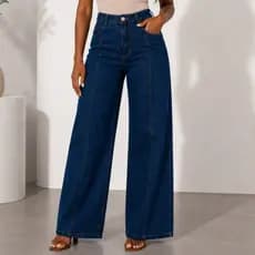 Calça Wide Leg Jeans Feminina Premium Boca Larga Cós Alto Azul Escuro Estilo Blogueira Chic Moderna Confortável Luxo