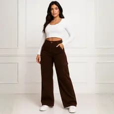 Calça Cargo Feminina Marrom Wide Leg Estilo Street Gringa Cintura Alta Moderna e Super Confortável