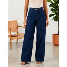 Calça Jeans Feminina Lavagem Azul Escuro Cintura Alta Reta Detalhe Na Peça  Modeladora Conforto Premium Elegante