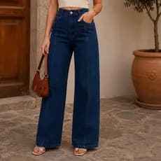 Calça Jeans Feminina Wide Leg Pantalona Azul Escuro Cintura Alta Modelagem Solta Premium Elegante Fashionista Influencer
