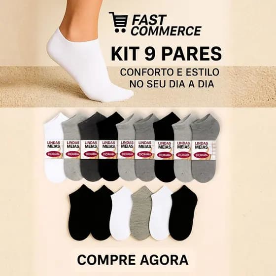 Kit 9 Pares de Meias Femininas Cano Curto Soquete Confortáveis Macias Tênis Uso Diário Alta Elasticidade Respirável