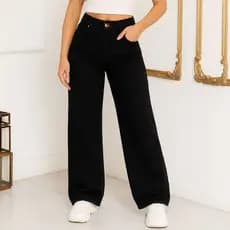 Calça Jeans Wide Leg Feminina Pantalona Cintura Alta Preta Tecido Grosso Premium Sem Lycra Estilo Moderno e Confortável