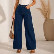 Calça Jeans Wide Leg Feminina Premium Cintura Alta Modeladora Azul Escuro Boca Larga Blogueira Fashion Luxo