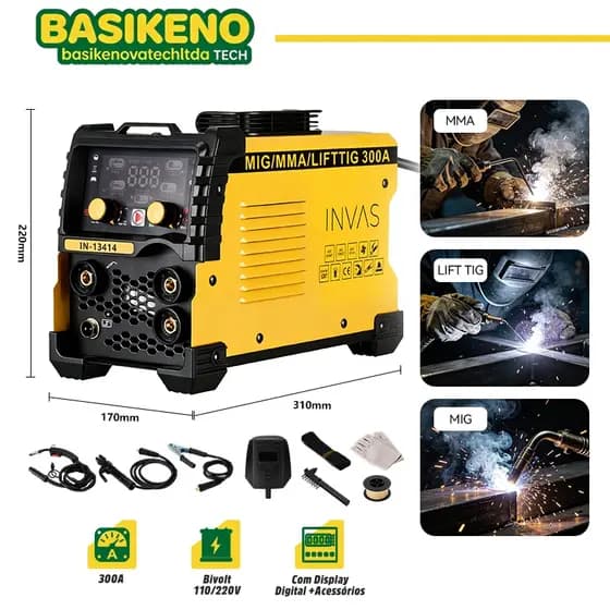 BASIKENO Maquina de Solda Inversora 300A 3 em 1 MIG MMA TIG IGBT Bivolt 110/220V Portátil Com Display Digital Acessórios