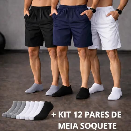 Kit Short Tactel Mauricinho e 12 Pares de Meia Soquete Conforto e Praticidade Diversas Cores