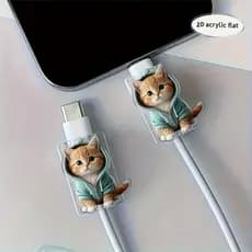 2 Peças Capa Protetora De Cabo De Telefone De Gato Fofo De Conector Tipo C Compatível Com iPhone