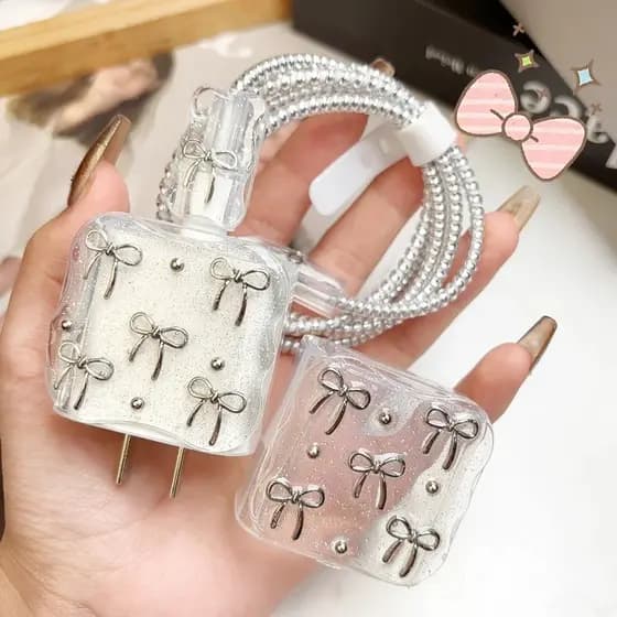 Transparente 3D Bowknot Pérola Onda Borda Epóxi USB Protetor Capa Para iPhone 18W-20W Linha De Dados Cabeça Cabo Caso Ca