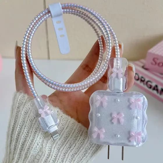 Rosa 3D Bowknot Carregador De Celular Capa Protetora Para IPhone 18/20W Protetores De Fio Enrolador De Cabo Laser