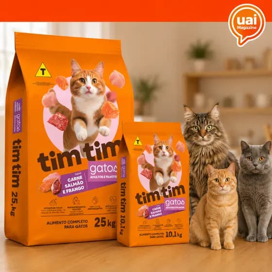 Ração Gato Filhote e Adulto 25kg Ou 10kg Tim Tim Cat 3 em 1 Carne Salmão Frango