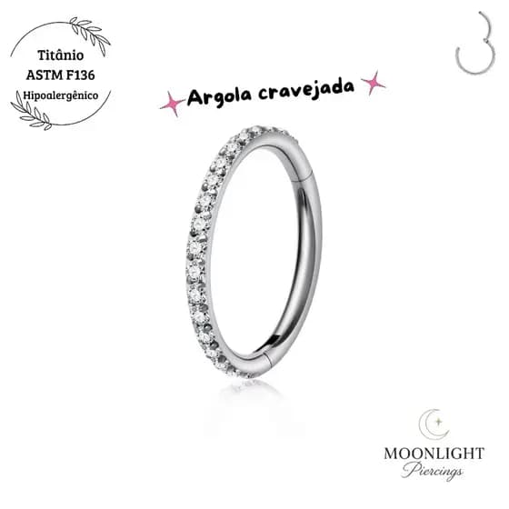 Piercing Argola Cravejada Click Titânio ASTM F136 Hipoalergênico Zircônia Nariz, Orelha, Rook, Conch, Helix 8mm/10mm