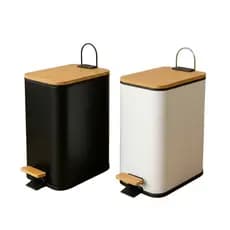 Lixeira Retangular Multiuso Moderna Aço com Tampa Bambu e Pedal Grande Cozinha Banheiro Lavanderia Branca Preta Luxo