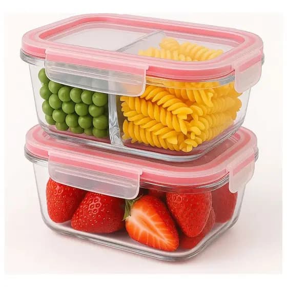 Kit 2 Potes de Vidro 630ml com Divisória e Travas Marmita Fitness Refratário Forno Microondas