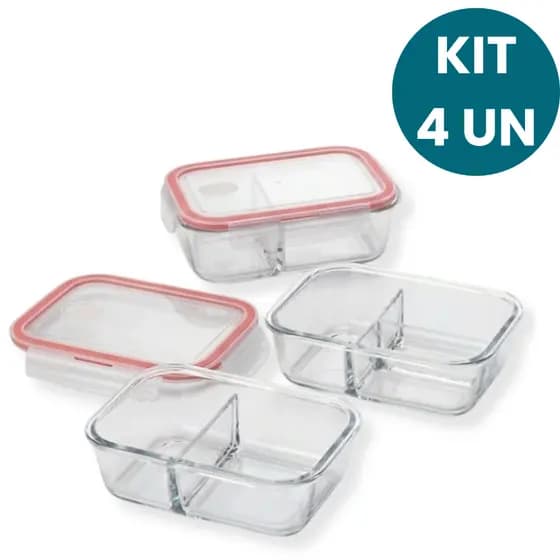 Kit 4 Potes de Vidro 630ml com Divisória e Travas Marmita Fitness Refratário Forno Microondas