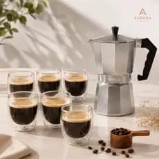 Kit Cafeteira Italiana Moka + Copos Dupla Parede Vidro Aço Top Cafeteira Rápida Gourmet Café Térmico