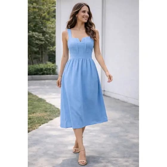Vestido Midi Feminino Tecido Duna Alcinha com Elástico,Costa  Lastex Verão Elegante